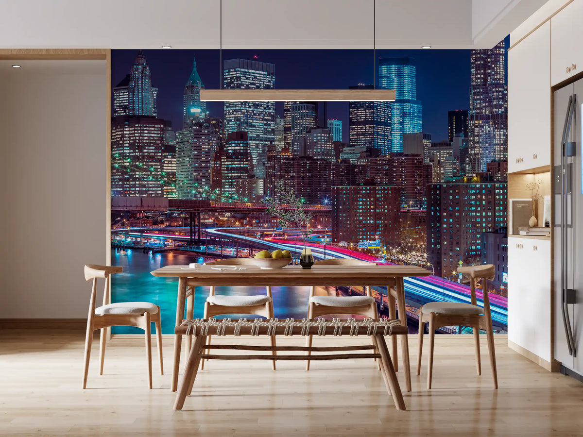 New York wallpaper behind a wood dining table with bench and linear pendant GD14205