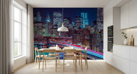 Kitchen with light wood dining set and white cabinets under a night skyline mural GD14205