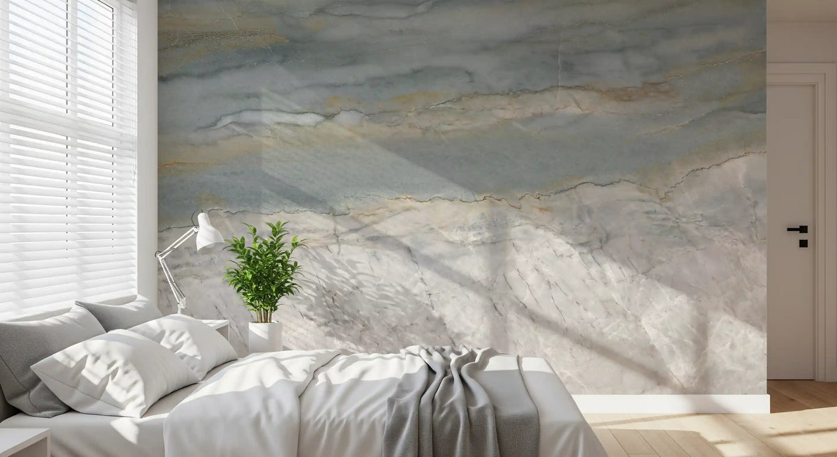 Bedroom with white bedding, window blinds and a soft gray marble feature wall GD14204