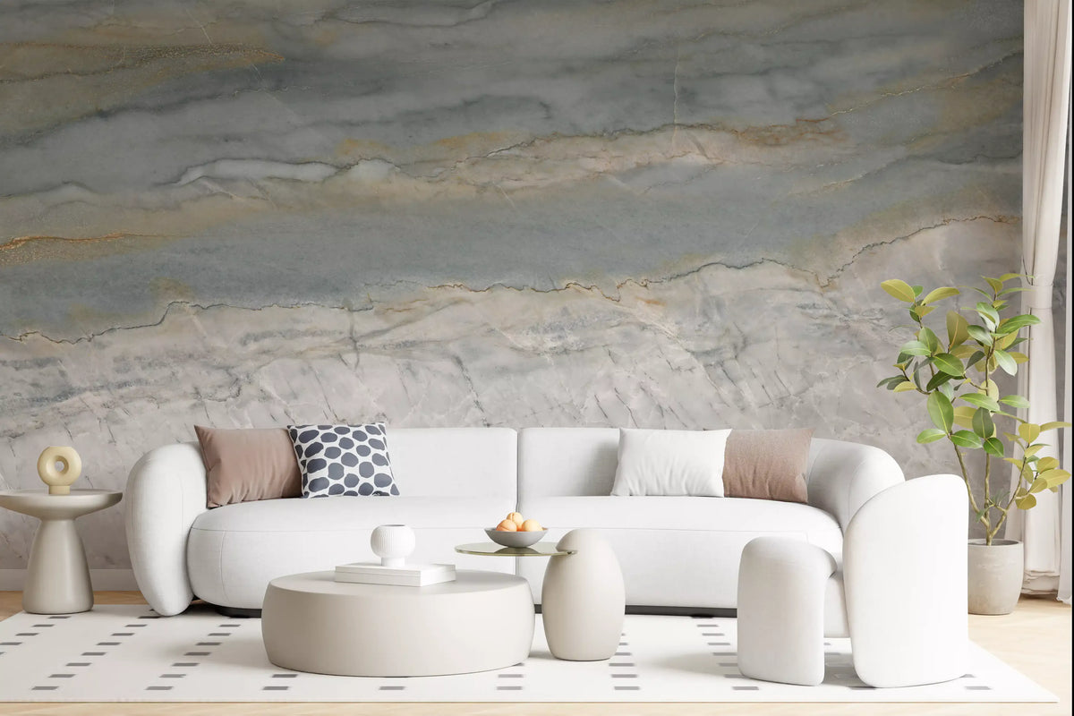 Marble wallpaper mural behind a white curved sofa, round stools and dotted rug GD14204