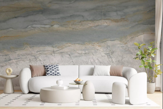 Marble wallpaper mural behind a white curved sofa, round stools and dotted rug GD14204