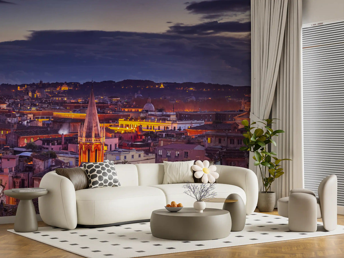 Rome wallpaper behind a cream curved sofa, round coffee table and dotted rug GD14206