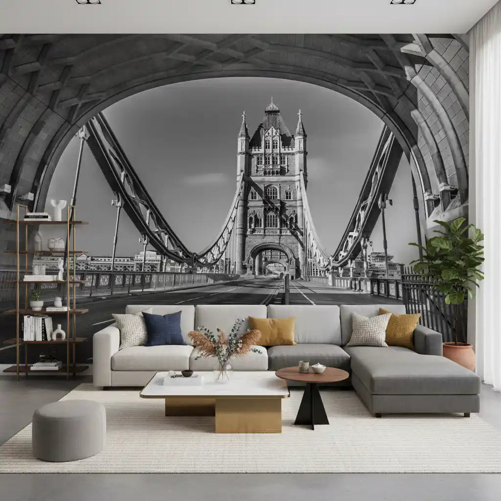 Gray sectional with gold shelving and mustard cushions against a stone bridge mural GD14209