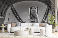 London wallpaper in a living room with cream curved sofa and dotted rug GD14209