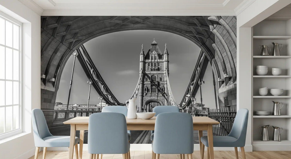Dining nook with pale blue chairs and white shelves under a Gothic tower arch GD14209