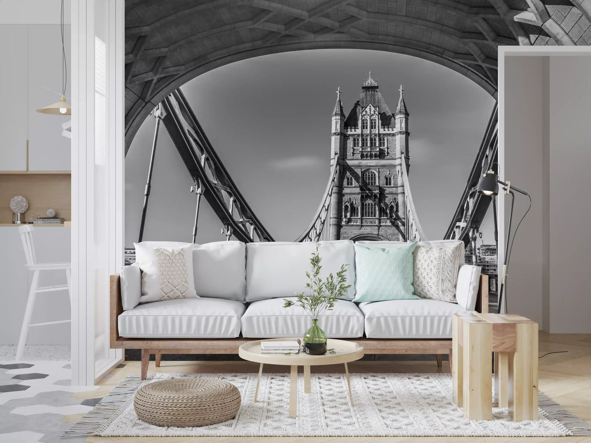 White sofa with wood frame, mint cushion and woven pouf by a bridge arch mural GD14209