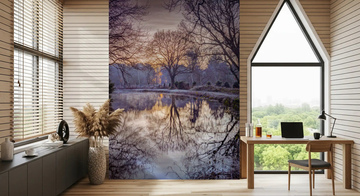 Golden Sunset Reflected in Still Woodland Waters Wall Mural