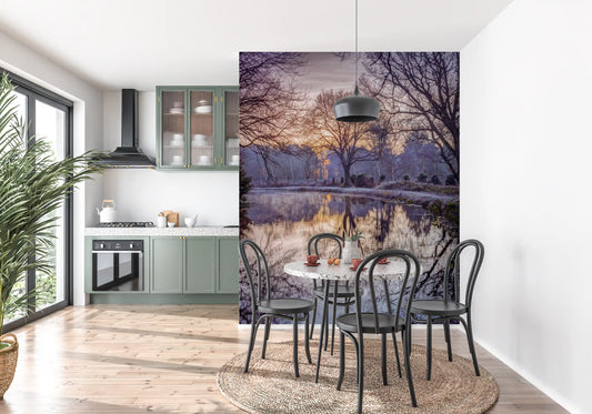 Woodland reflection mural beside a round dining table with black bistro chairs GD14210