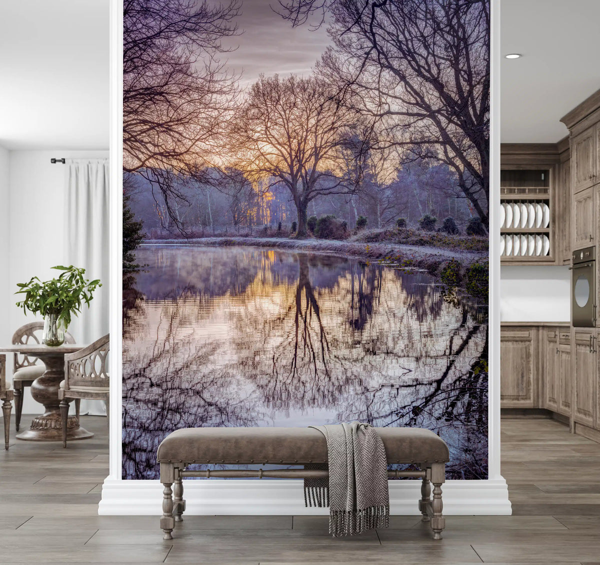 Golden Sunset Reflected in Still Woodland Waters Wall Mural