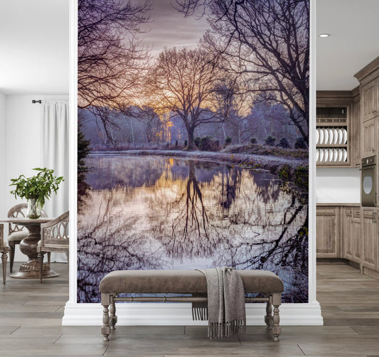 Lake wallpaper mural on a narrow wall behind an upholstered bench by a wooden kitchen GD14210