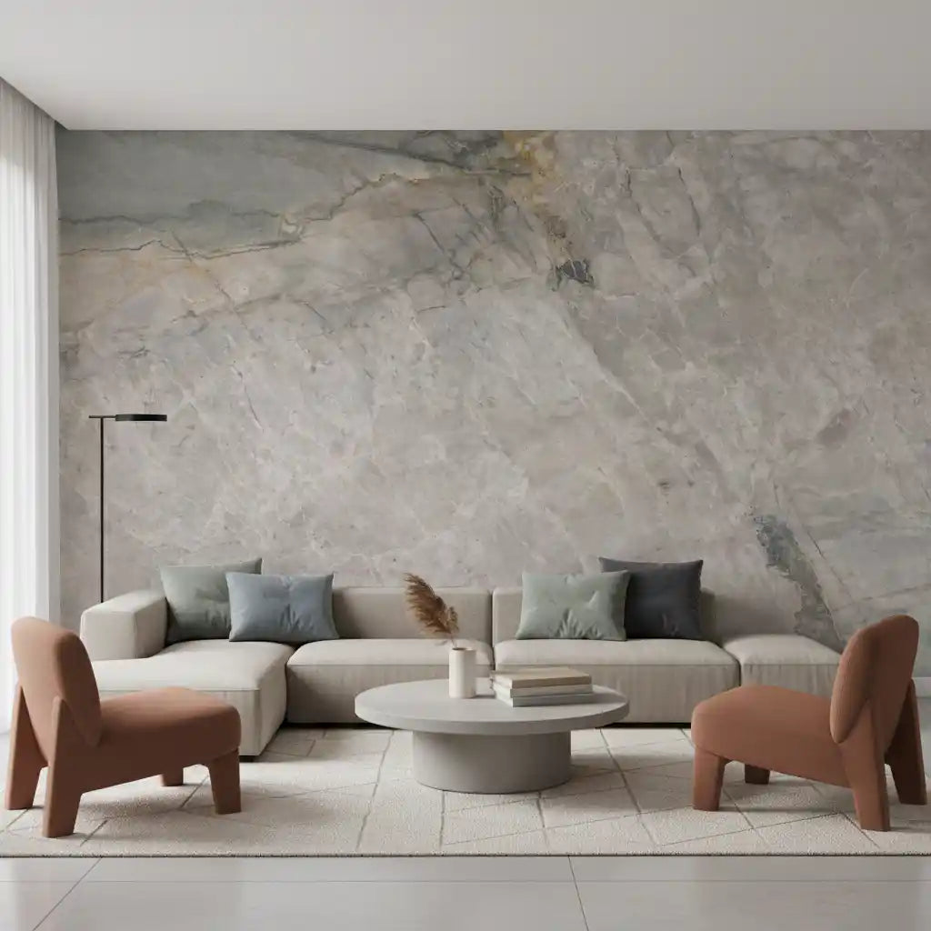 Marble wallpaper behind a white sofa and two rust colored lounge chairs GD14211