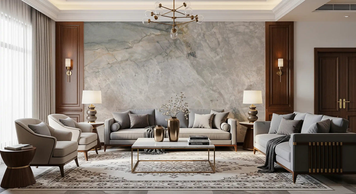 Stone slab mural in a classic living room with gray sofas, wood panels and chandelier GD14211