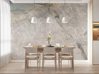 Marble wallpaper behind a pale wood dining table with white pendant lights GD14211