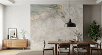 Marble wallpaper in a dining room with a walnut table, gray chairs and black pendant GD14211