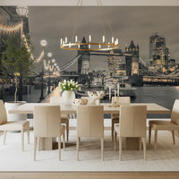 Tower Bridge mural above a long cream dining table with a ring chandelier GD14214