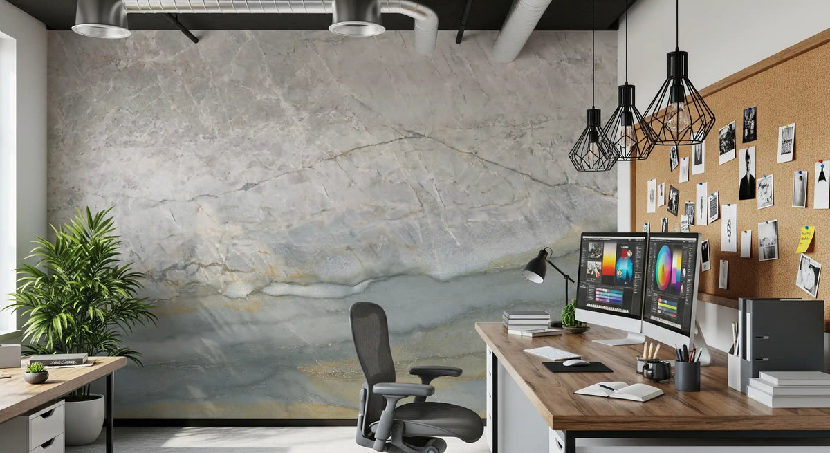 Marble wallpaper in a home office with dual monitors, cork board and black pendants GD14215