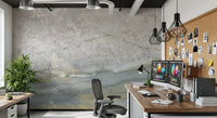 Marble wallpaper in a home office with dual monitors, cork board and black pendants GD14215
