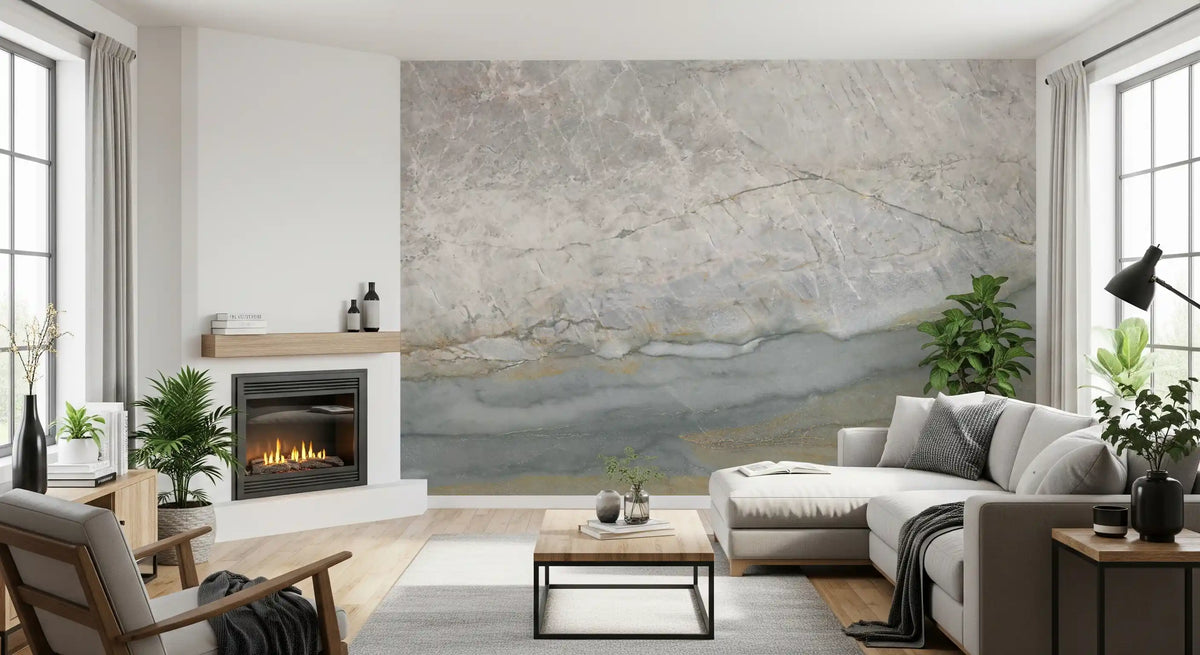 Stone slab mural in a living room with a corner fireplace and gray sectional GD14215