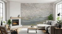 Stone slab mural in a living room with a corner fireplace and gray sectional GD14215