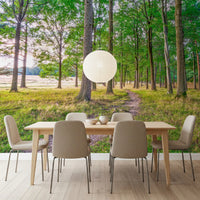 Dining room with light oak table, beige chairs and paper lantern on a green tree path mural GD14219