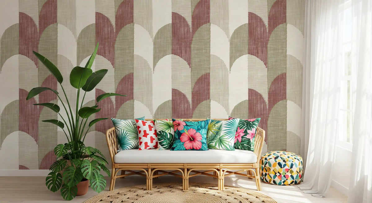 Mid Mod Textured Hand Painted Geometries Rustic Farmhouse Earthy Tones Wallpaper⁠