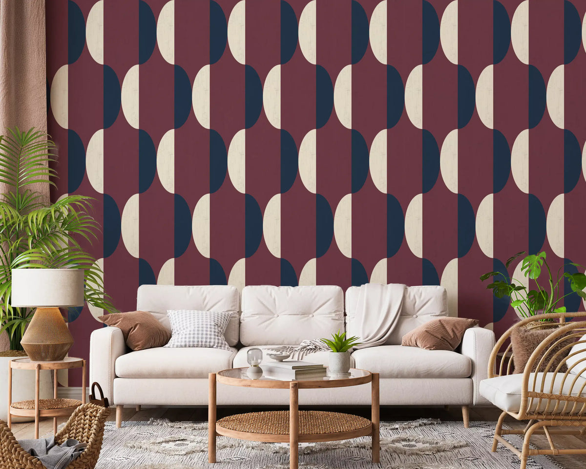 Mid Century Oval Wallpaper Burgundy Navy Wallpaper⁠