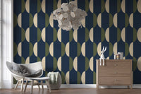 Mid Century Oval Wallpaper Navy Olive Wallpaper⁠