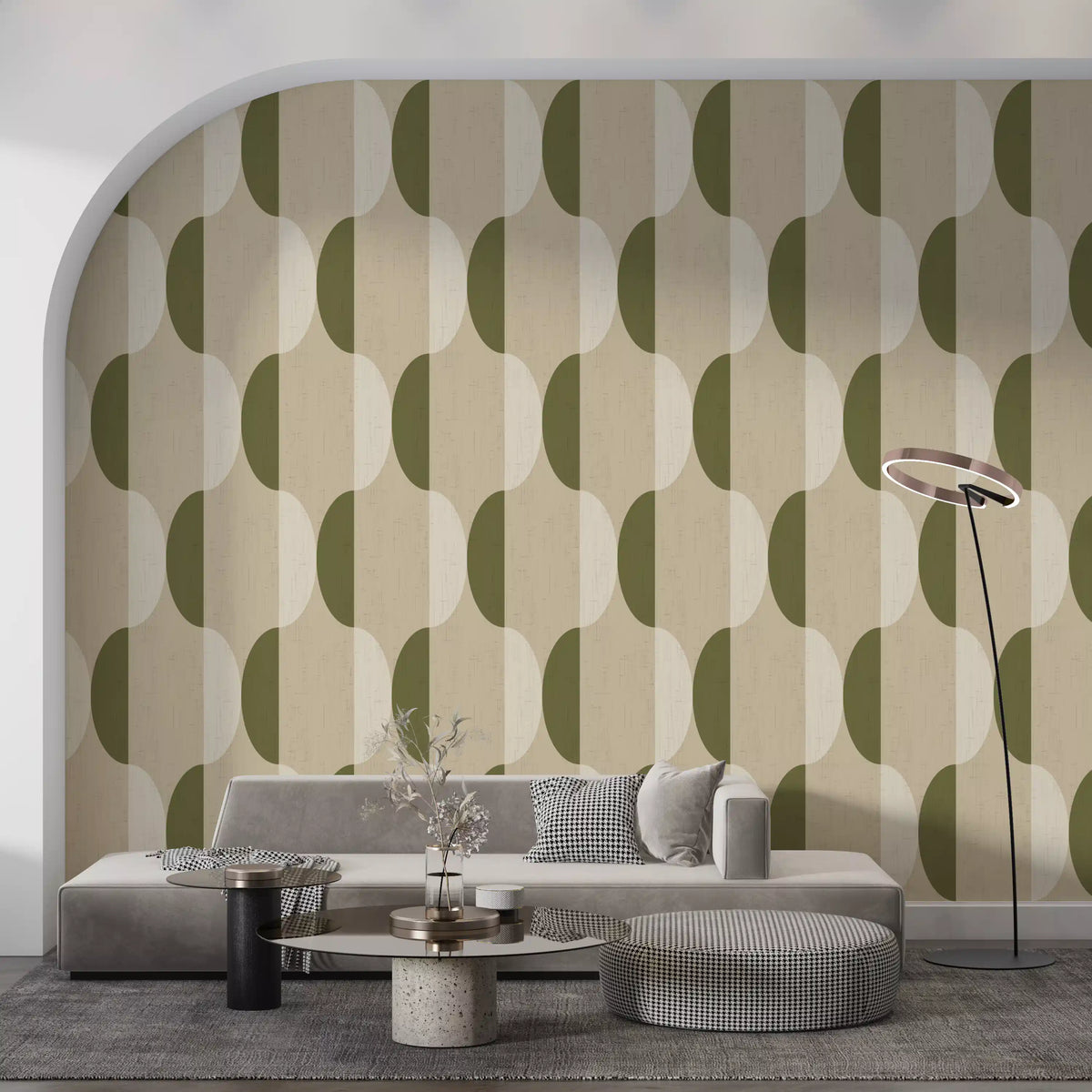 Mid Century Oval Wallpaper Cream Olive Wallpaper⁠