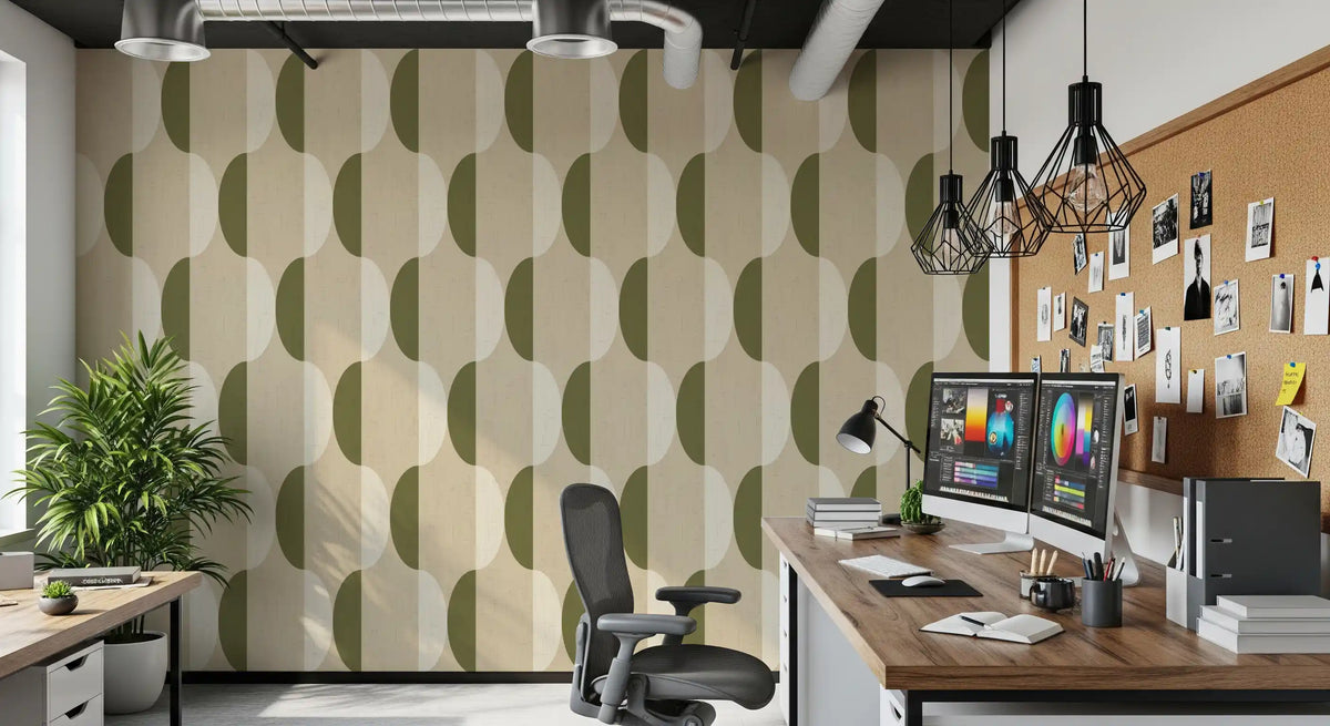 Mid Century Oval Wallpaper Cream Olive Wallpaper⁠