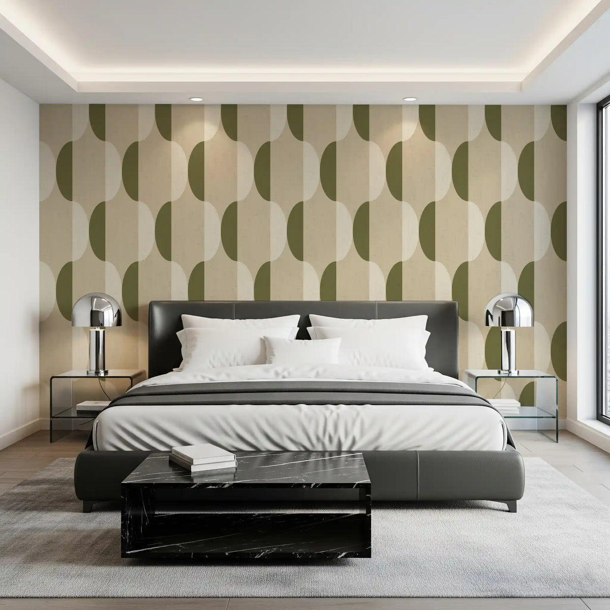 Mid Century Oval Wallpaper Cream Olive Wallpaper⁠