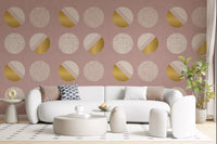 Blush Pink Mustard Circles Wallpaper Mid Century Wallpaper⁠