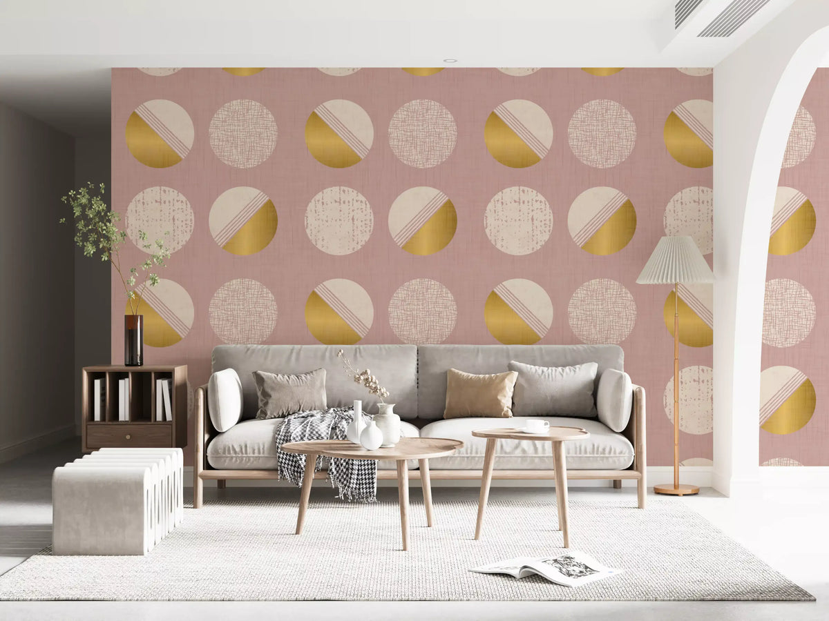 Blush Pink Mustard Circles Wallpaper Mid Century Wallpaper⁠