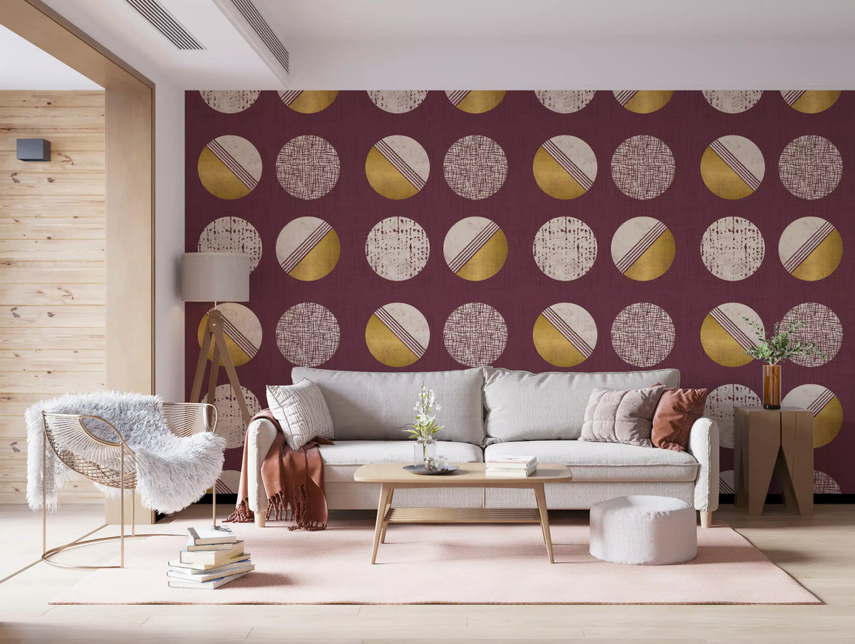 Burgundy Mustard Circles Wallpaper Mid Century Wallpaper⁠