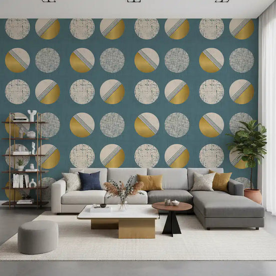 Dusty Teal Mustard Circles Wallpaper Mid Century Wallpaper⁠