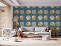 Dusty Teal Mustard Circles Wallpaper Mid Century Wallpaper⁠