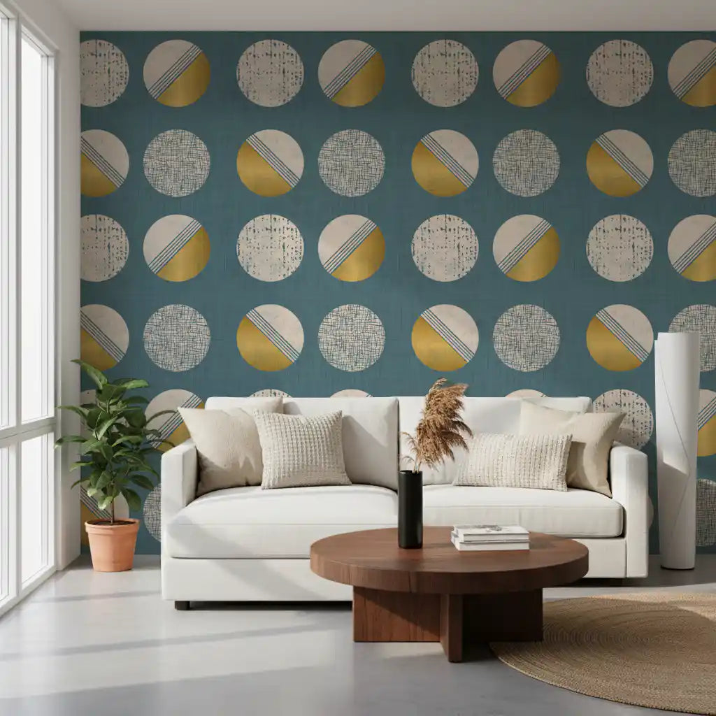 Dusty Teal Mustard Circles Wallpaper Mid Century Wallpaper⁠