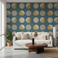 Dusty Teal Mustard Circles Wallpaper Mid Century Wallpaper⁠
