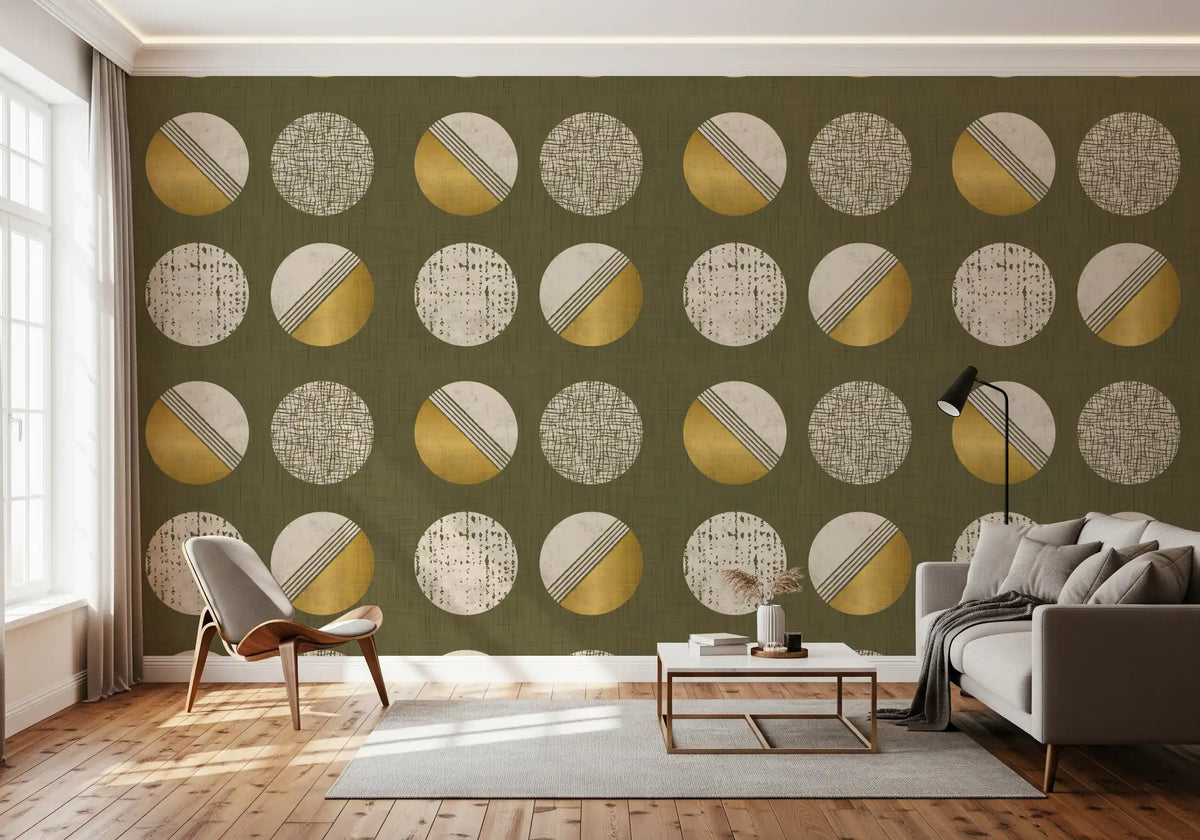 Olive Green Mustard Circles Wallpaper Mid Century Wallpaper⁠