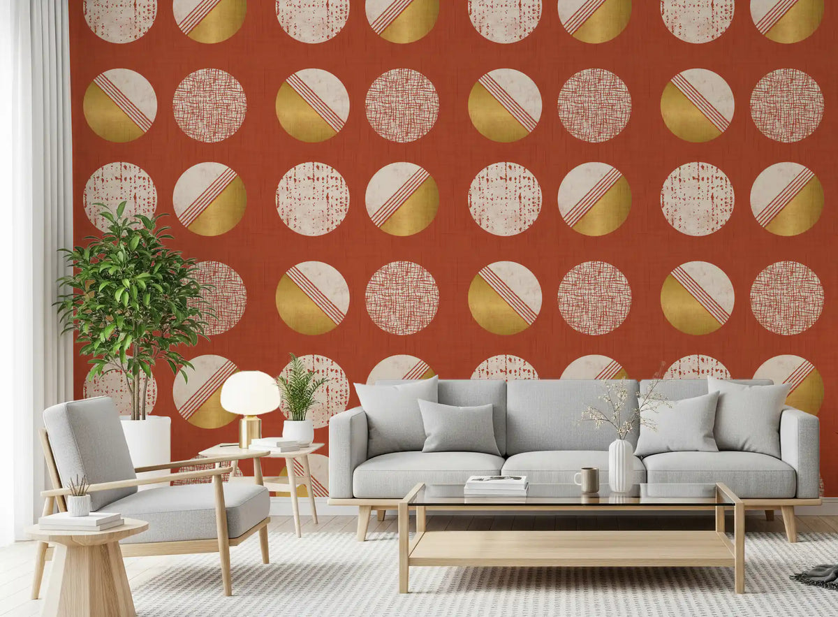 Rust Red Mustard Circles Wallpaper Mid Century Wallpaper⁠