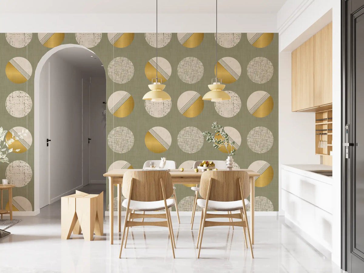 Sage Green Mustard Circles Wallpaper Mid Century Wallpaper⁠