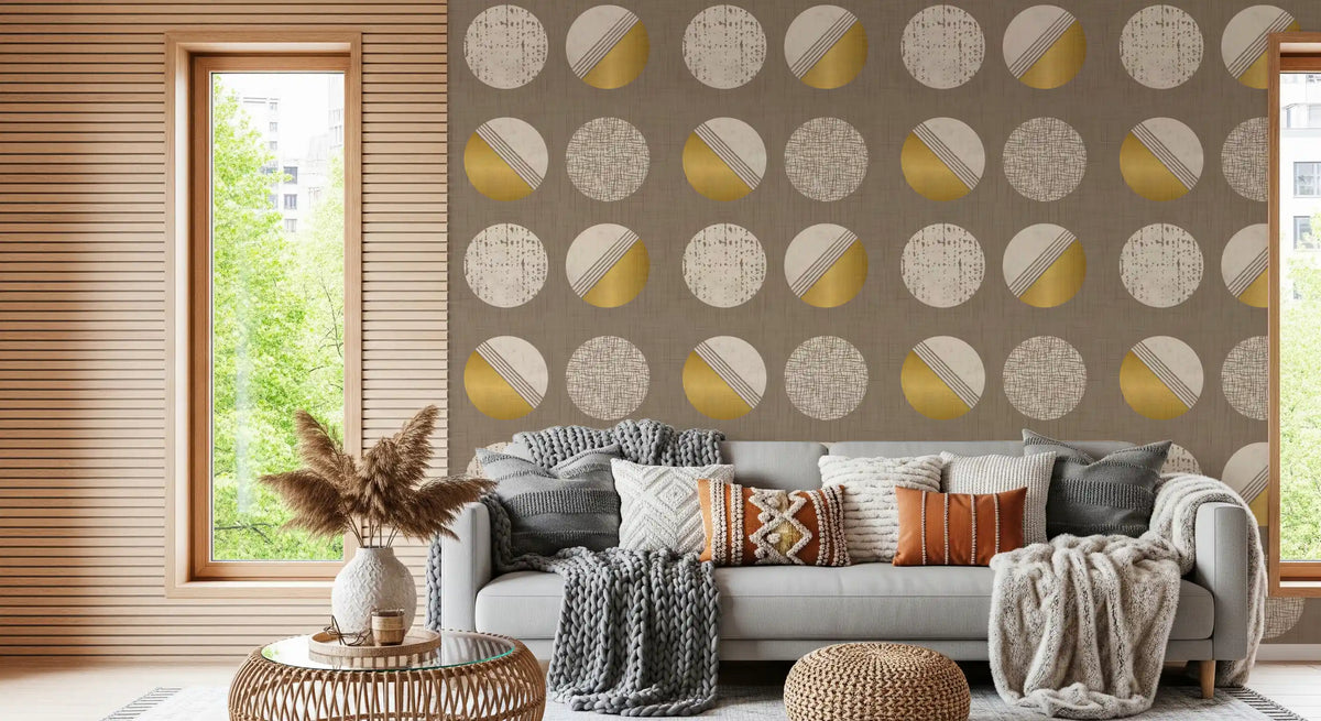 Warm Taupe Mustard Circles Wallpaper Mid Century Wallpaper⁠