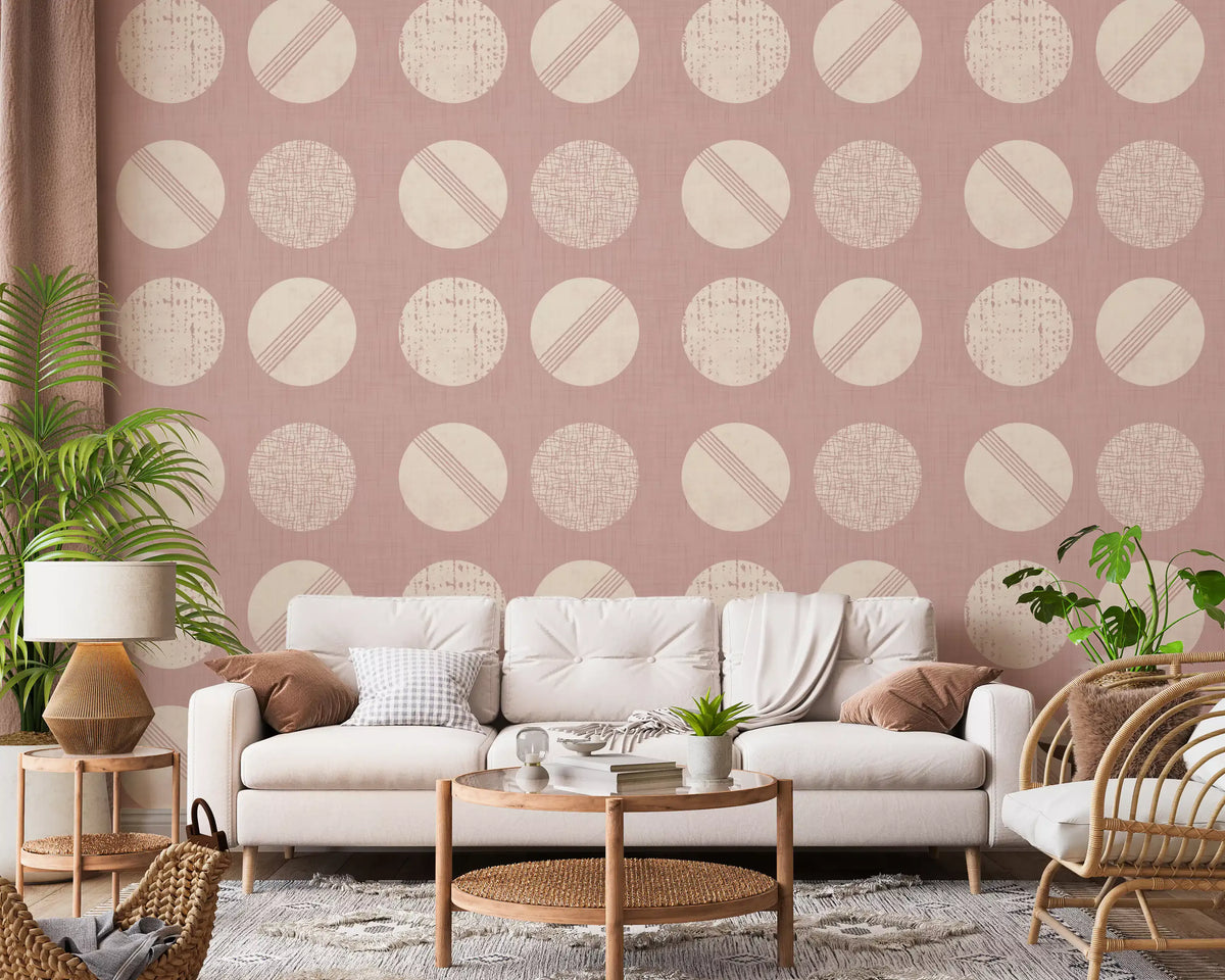 Blush Pink Cream Circles Wallpaper Mid Century Wallpaper⁠