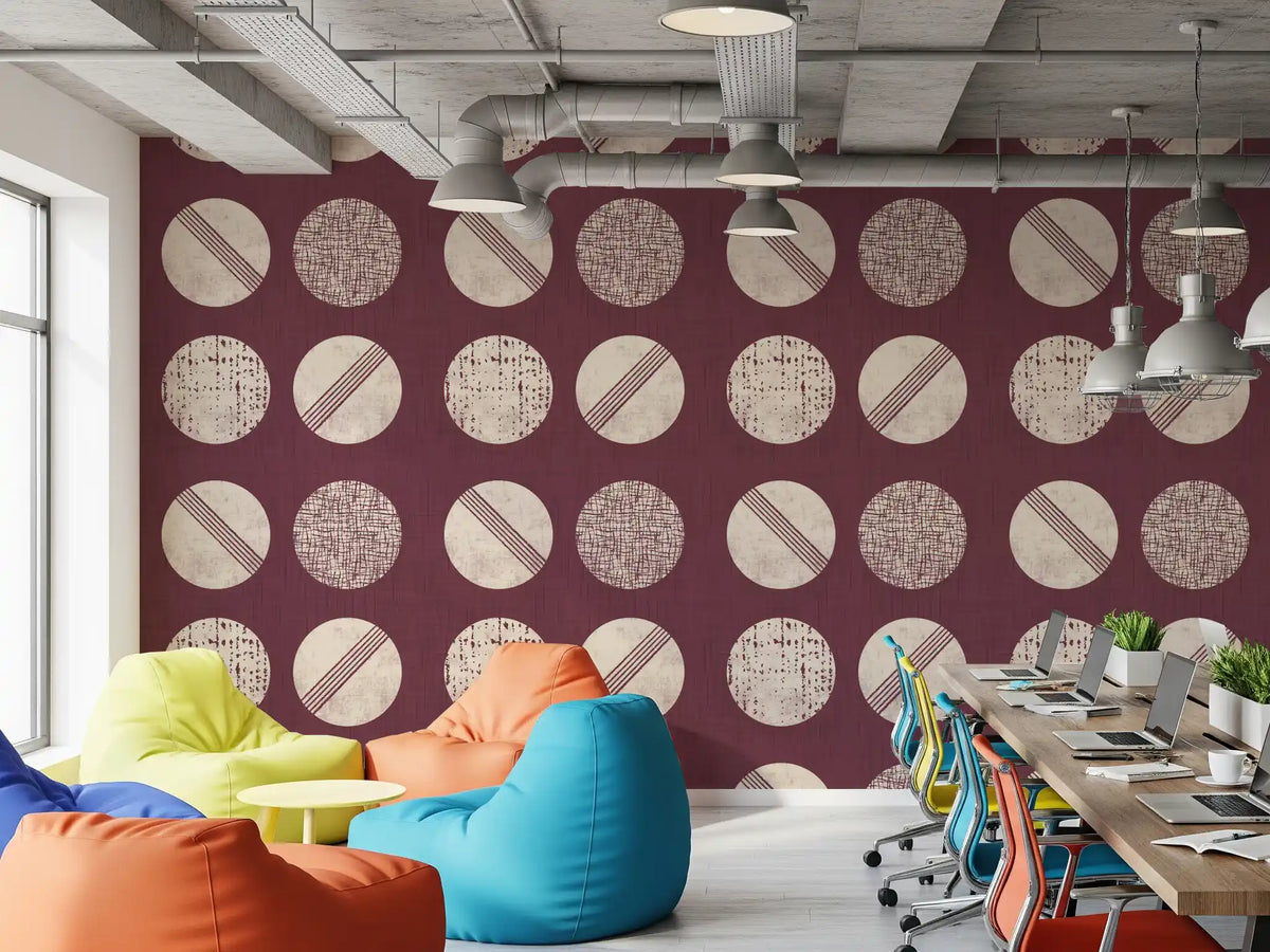 Burgundy Cream Circles Wallpaper Mid Century Wallpaper⁠