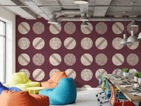 Burgundy Cream Circles Wallpaper Mid Century Wallpaper⁠