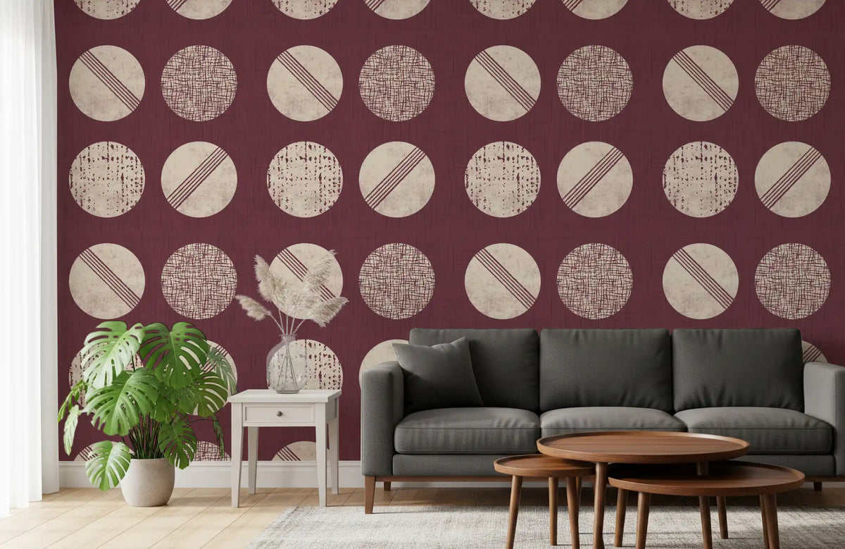 Burgundy Cream Circles Wallpaper Mid Century Wallpaper⁠