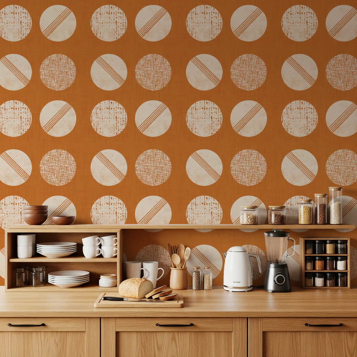 Burnt Orange Cream Circles Wallpaper Mid Century Wallpaper⁠