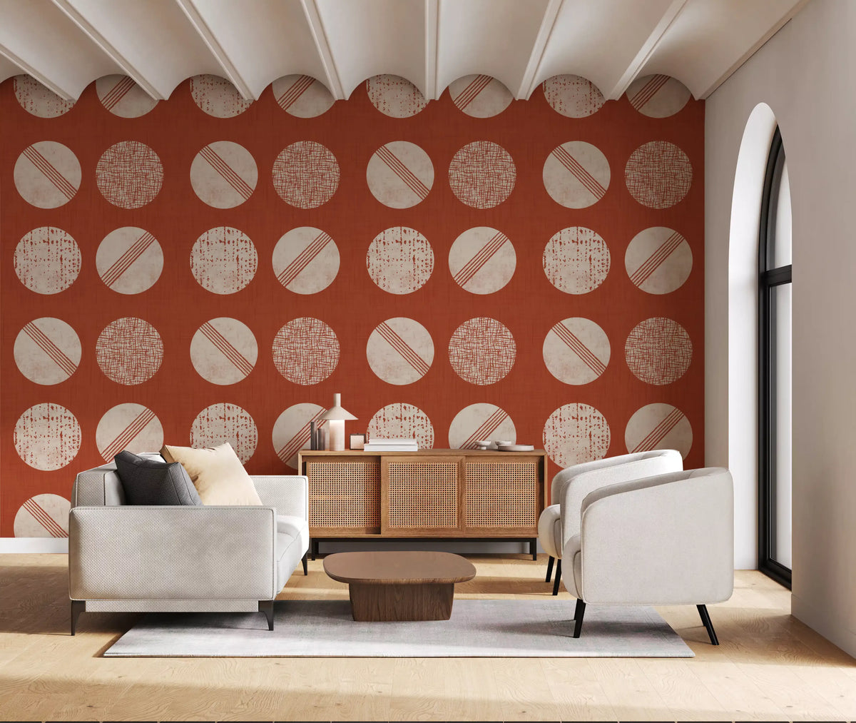 Rust Red Cream Circles Wallpaper Mid Century Wallpaper⁠