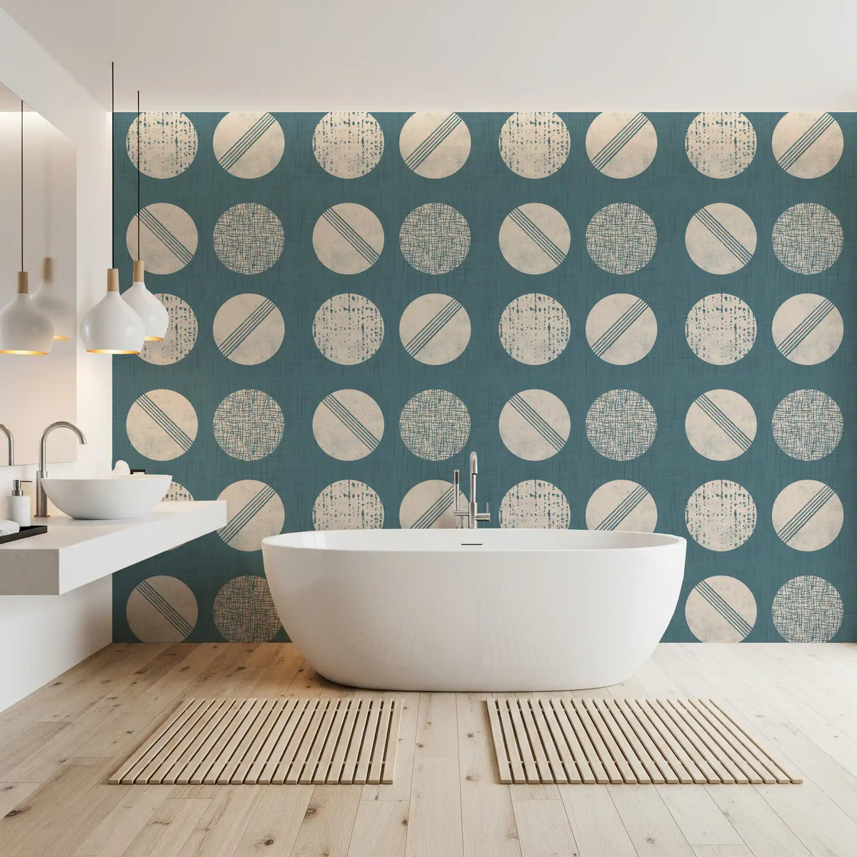Dusty Teal Cream Circles Wallpaper Mid Century Wallpaper⁠