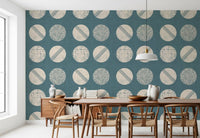 Dusty Teal Cream Circles Wallpaper Mid Century Wallpaper⁠