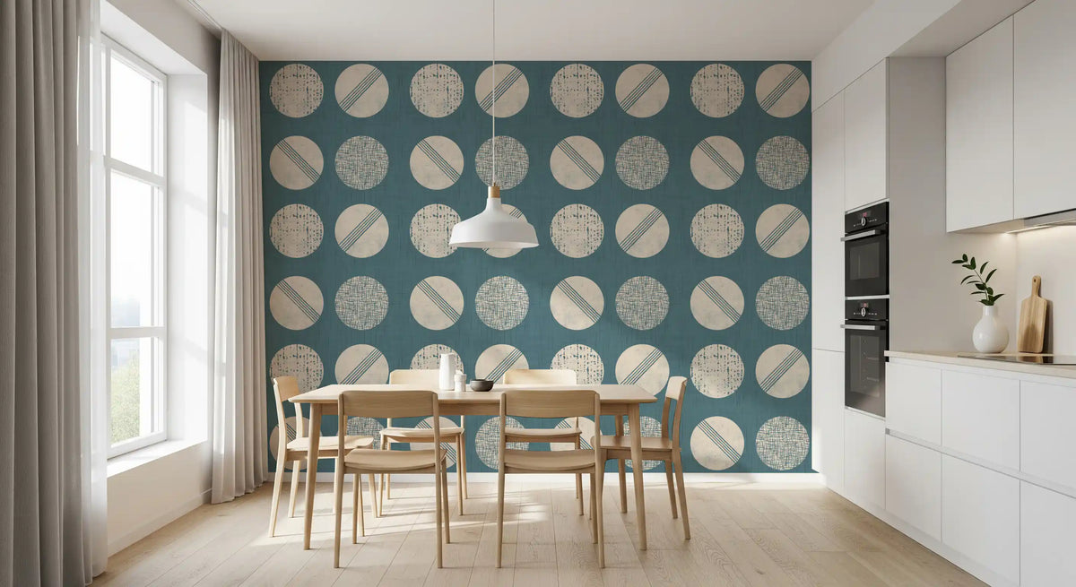 Dusty Teal Cream Circles Wallpaper Mid Century Wallpaper⁠